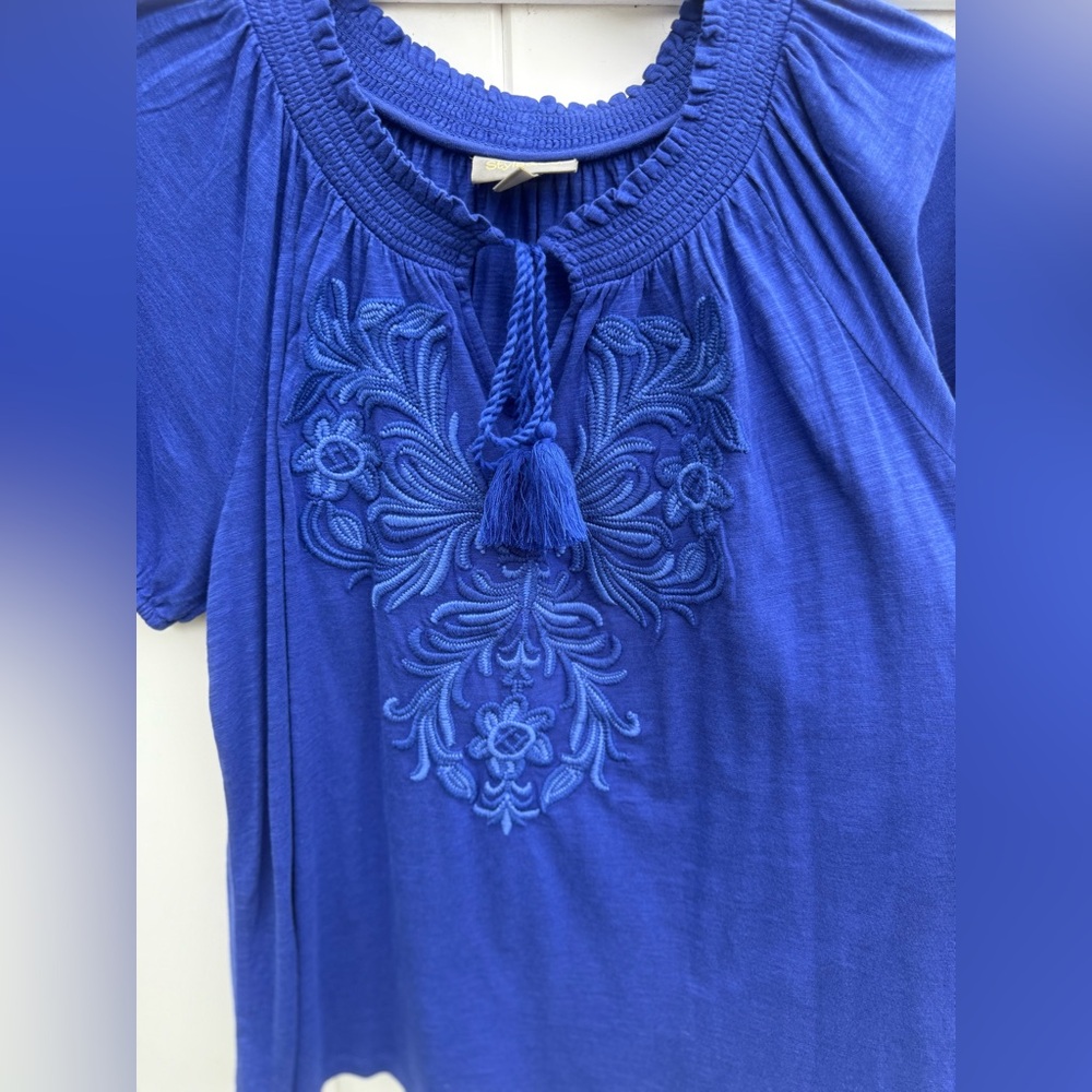 Style & Co Deep Blue (Escape Blue) Short Sleeve Blouse, Size 0X, NWT. - Picture 5 of 6